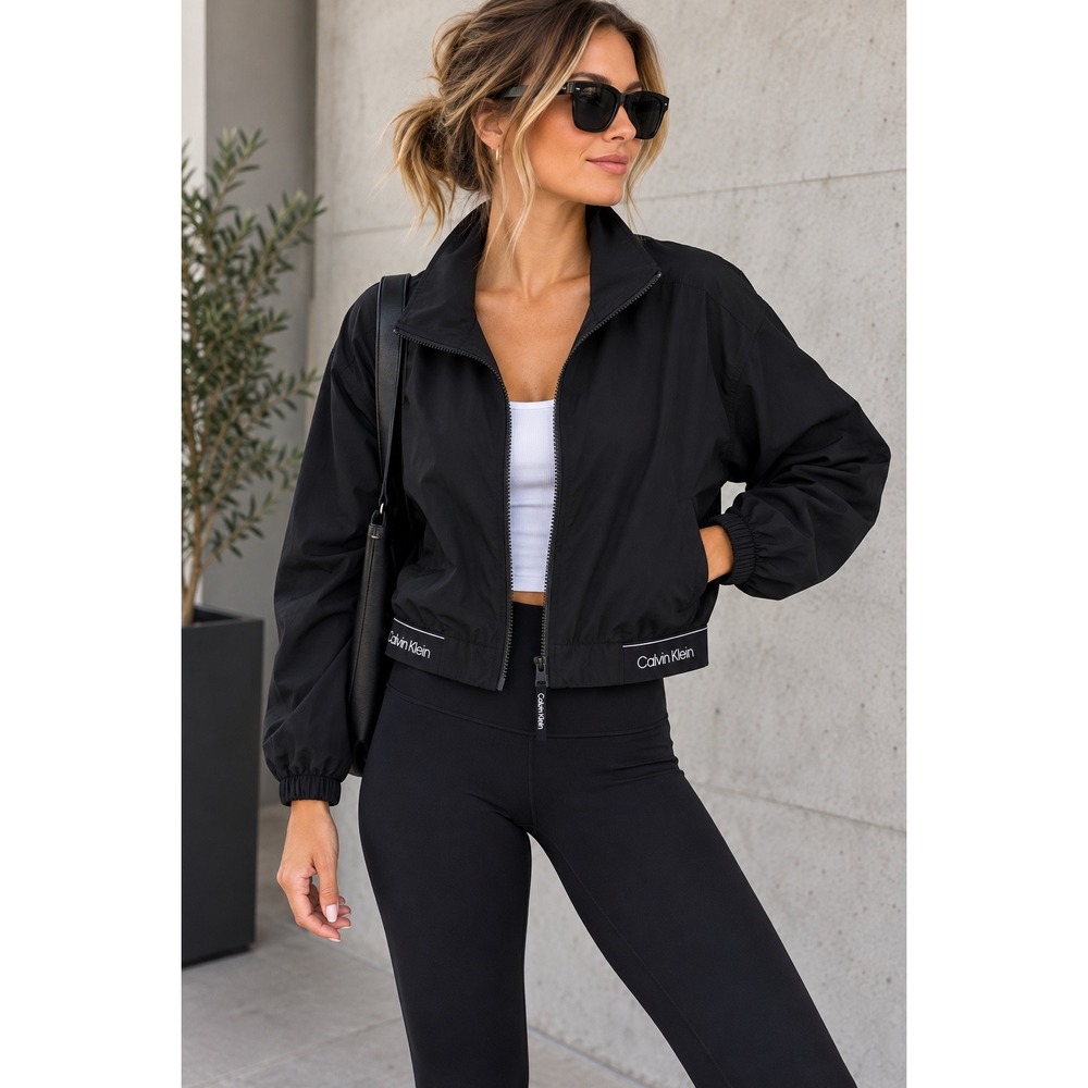 Calvin Klein Womens Black Logo Waistband Cropped Full Zip Windbreaker Jacket L